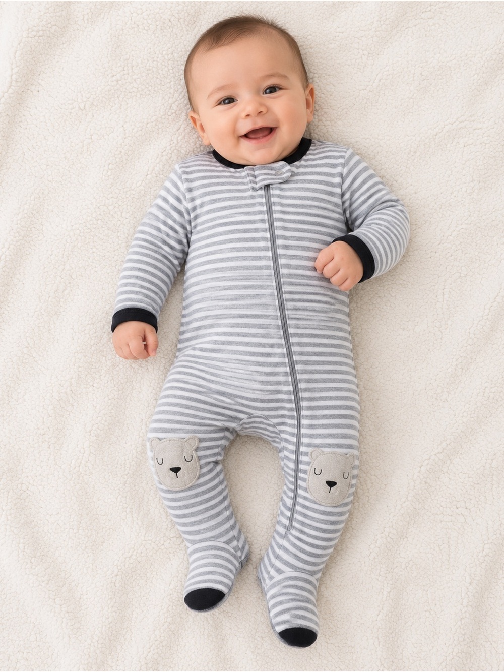 3-6 MTH cloud island Gray & White Striped Footed One-Piece with Bear Appliqués